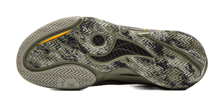 Basketball shoe outsole with textured pattern in olive-green and gray