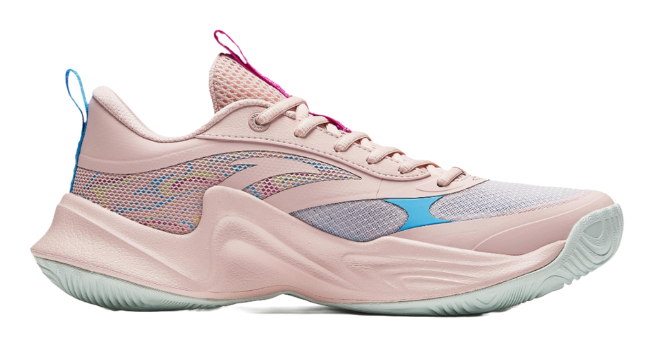 Unisex basketball shoe, side view, light pink and blue mesh with lace-up closure