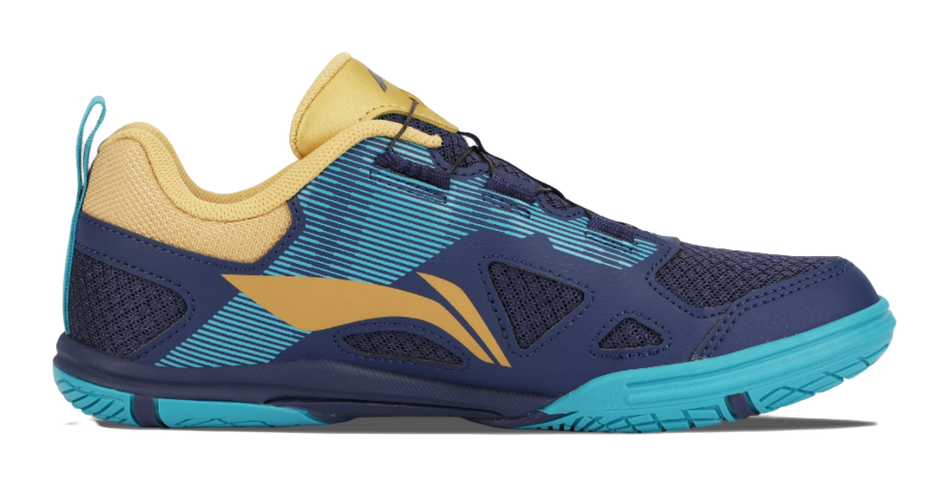 Low-top training shoes, navy and gold with teal stripe detailing and lace-up