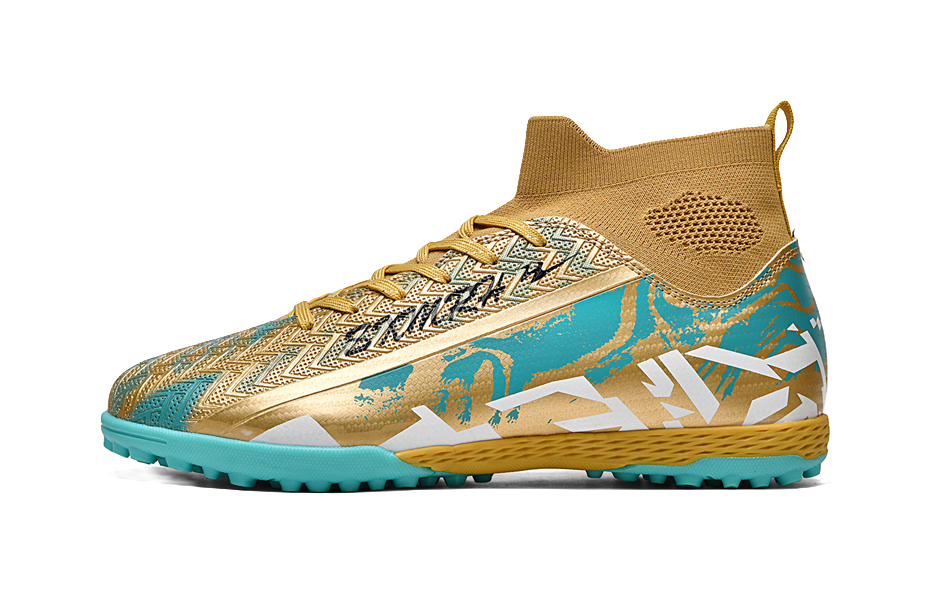 Unisex mid-top soccer shoe with gold upper, teal accents, and patterned laces