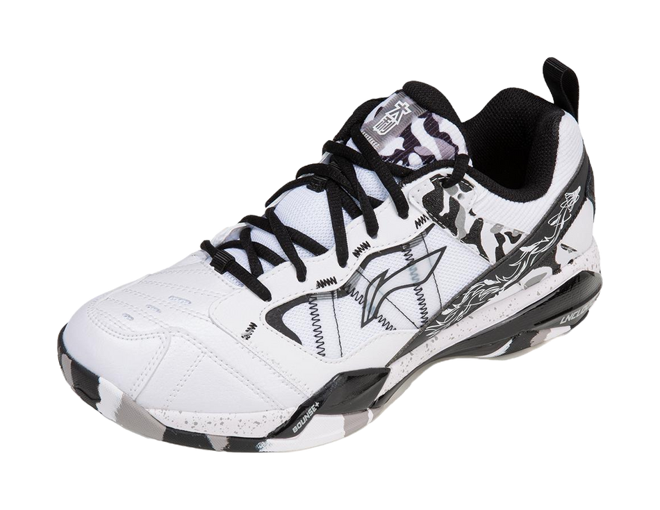 Unisex badminton shoe in white with black camo upper and black lace-up front