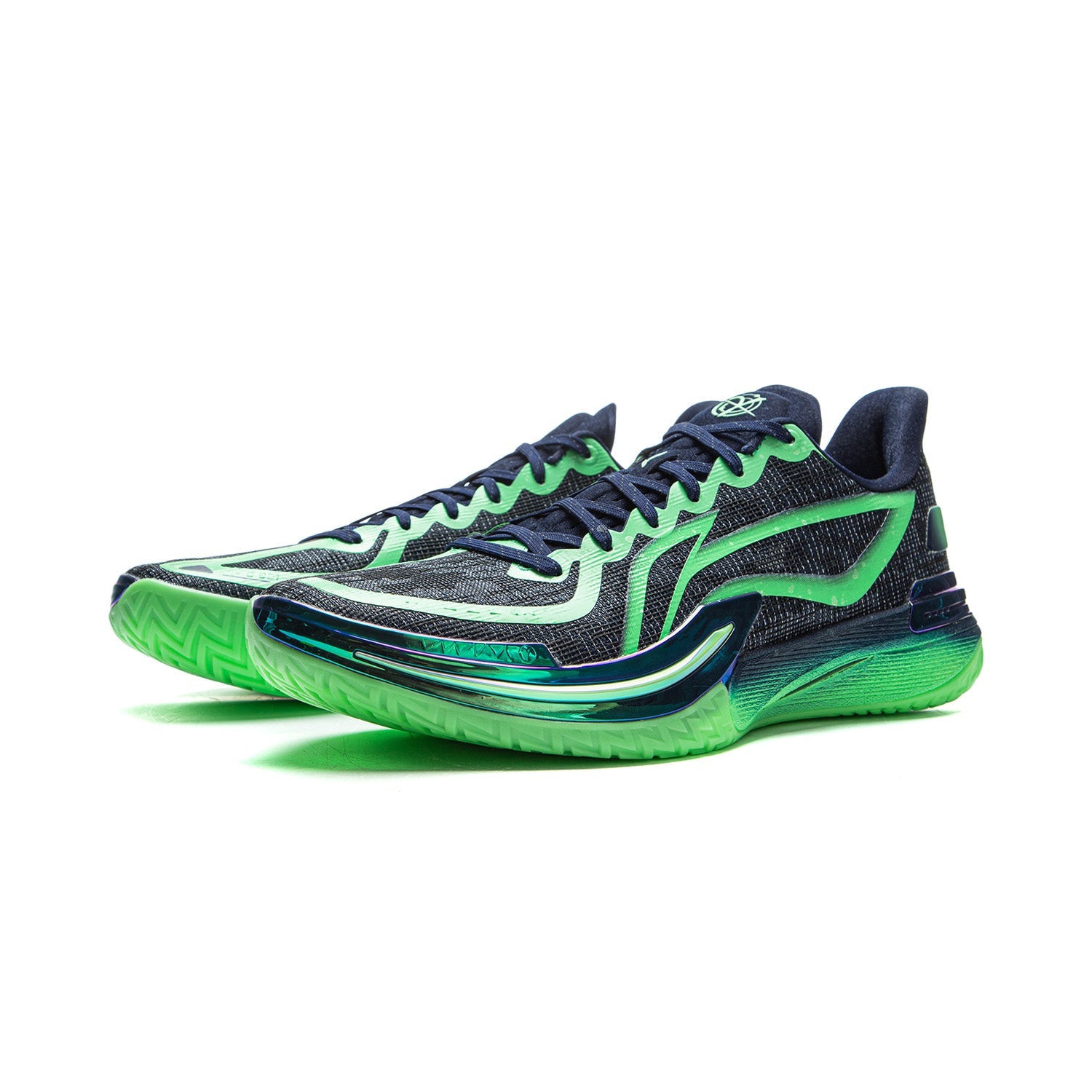 Basketball shoes front view, dark navy upper with neon green swoosh and lace-up detail.