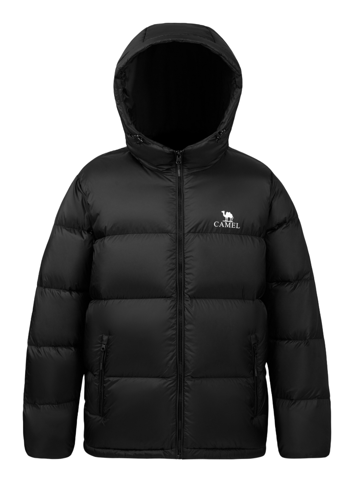 Unisex hooded down jacket in black with full-zip front and side zip pockets.