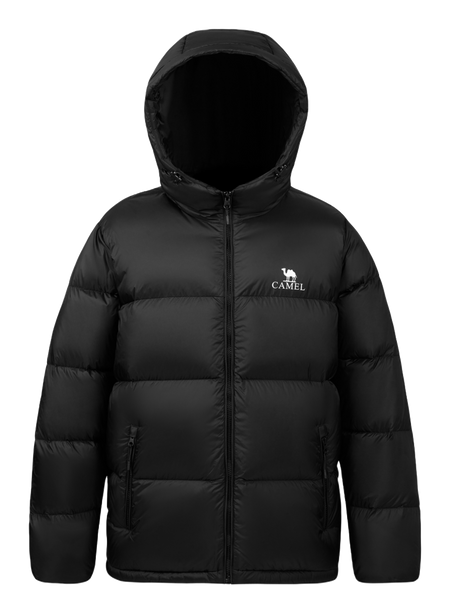 Unisex hooded down jacket in black with full-zip front and side zip pockets.