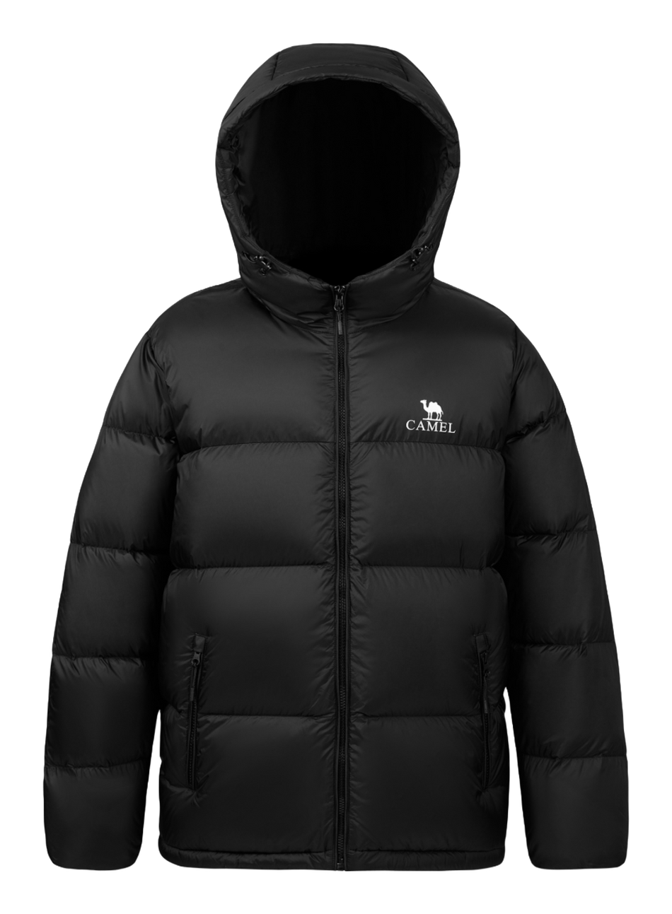 Unisex hooded down jacket in black with full-zip front and side zip pockets.