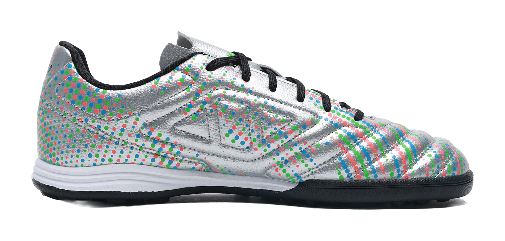 Silver unisex TF turf soccer shoe, side view, black laces, multicolor dot upper