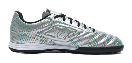 Silver unisex TF turf soccer shoe, side view, black laces, multicolor dot upper