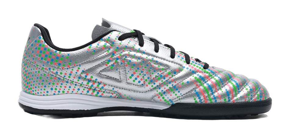 Silver unisex TF turf soccer shoe, side view, black laces, multicolor dot upper