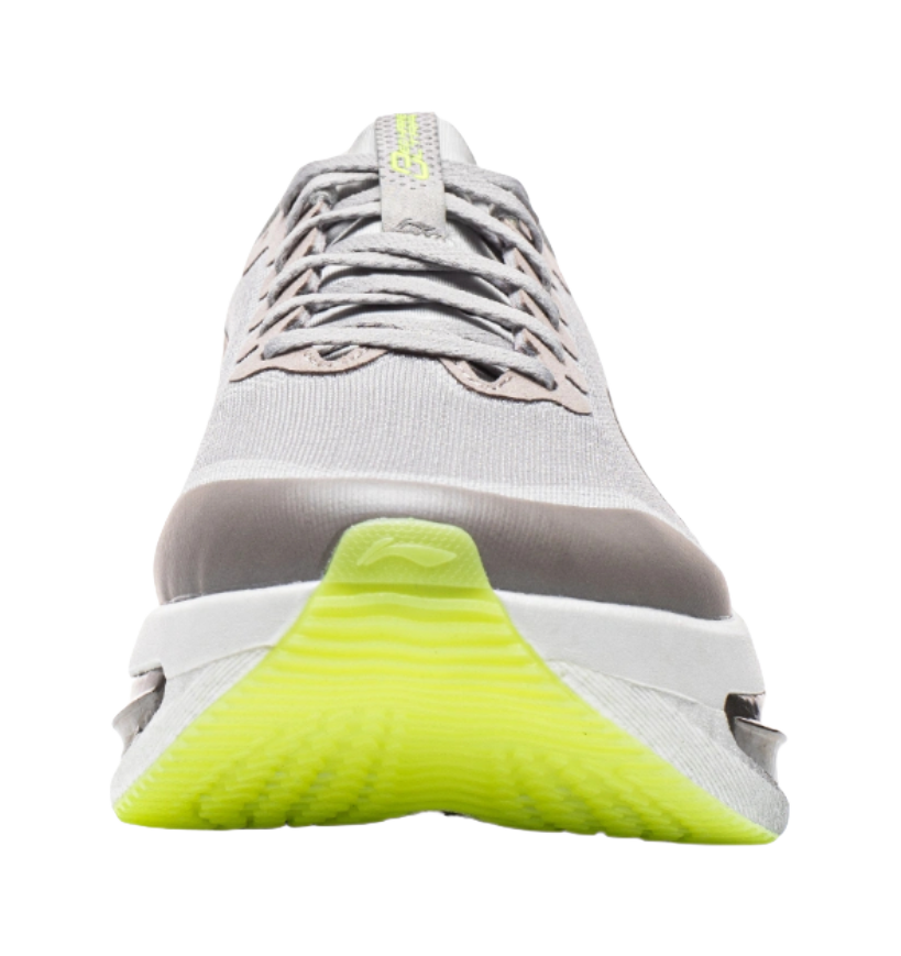 Men's low-top running shoes, gray lace-up knit with neon-lime heel and white midsole