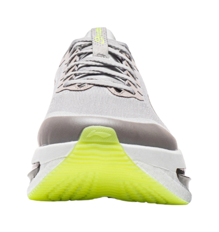Men's low-top running shoes, gray lace-up knit with neon-lime heel and white midsole