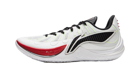 Li-Ning basketball shoe side view: white mesh upper, black laces, black panel, red sole edge