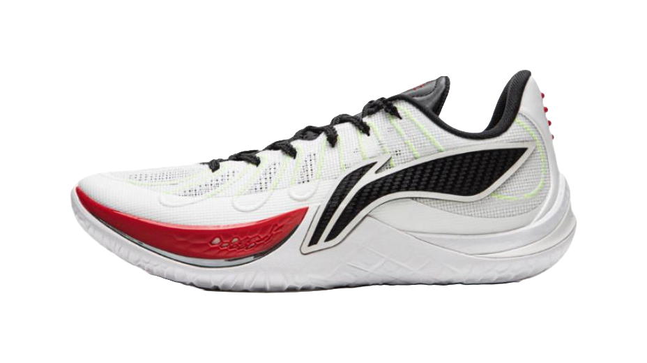 Li-Ning basketball shoe side view: white mesh upper, black laces, black panel, red sole edge