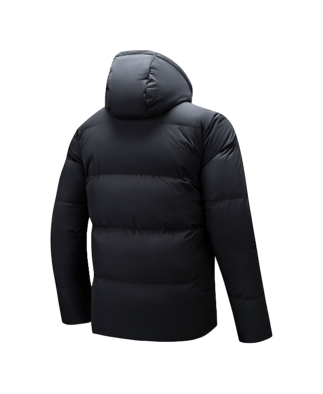 Men's black hooded down jacket, back view with full-zip and baffle quilting