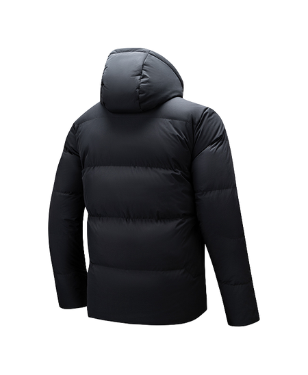 Men's black hooded down jacket, back view with full-zip and baffle quilting