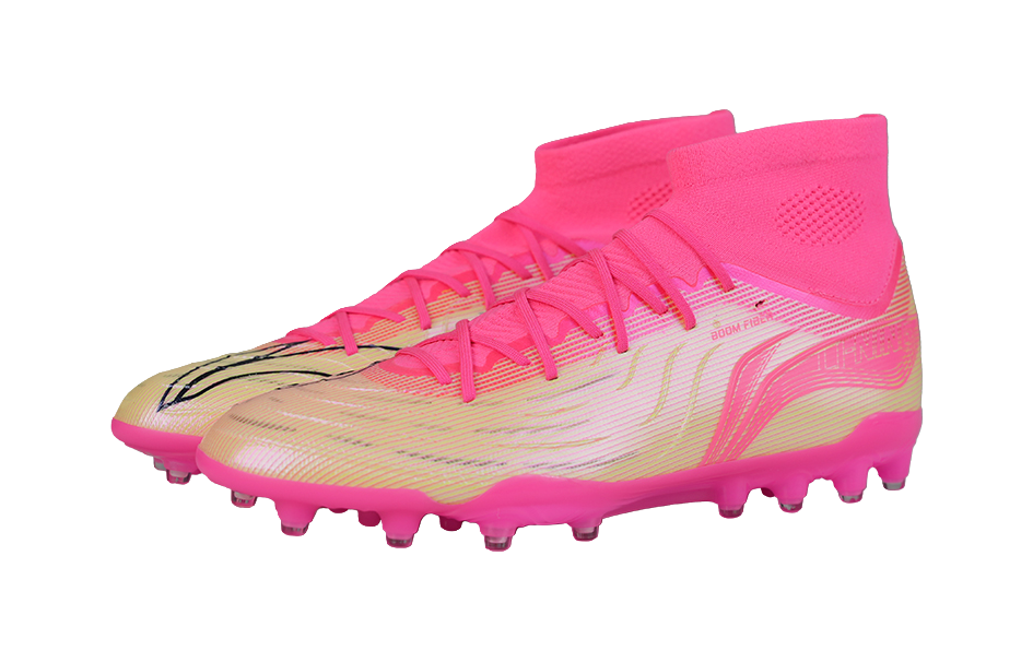 Pink and beige high-top soccer cleat with ankle sock collar and molded studs
