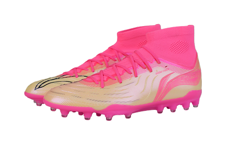 Pink and beige high-top soccer cleat with ankle sock collar and molded studs