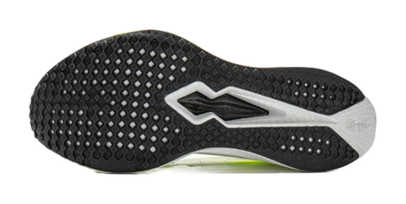 Black rubber tread outsole with gray edges and fluorescent green midfoot accent
