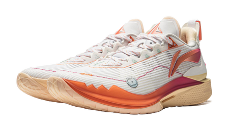 White basketball shoe with orange side stripe and magenta heel accents