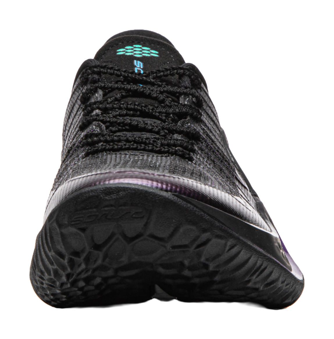 Men's black basketball shoe toe view with textured knit and teal branding details