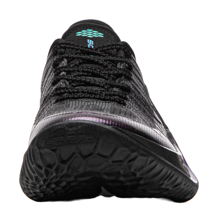 Men's black basketball shoe toe view with textured knit and teal branding details