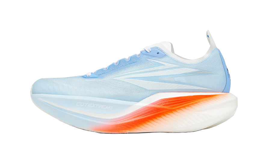 Blue and orange running shoe with mesh upper, side view