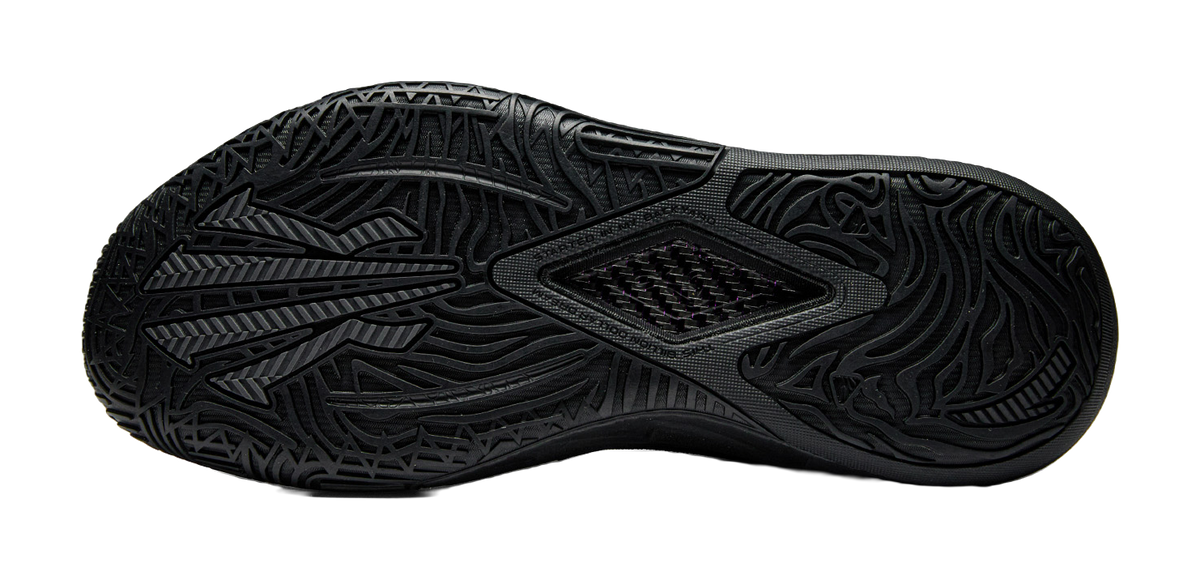Black basketball shoe outsole with deep traction tread pattern