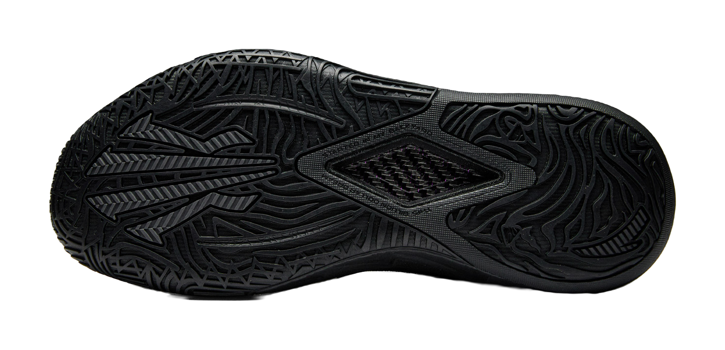 Black basketball shoe outsole with deep traction tread pattern