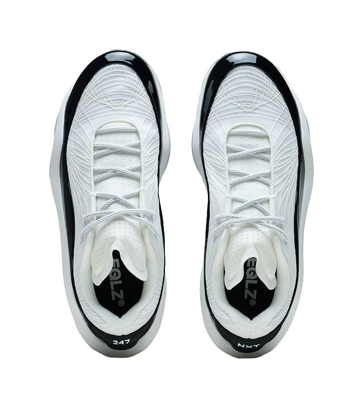 White basketball shoe tongue and laces, black interior branding