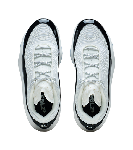 White basketball shoe tongue and laces, black interior branding