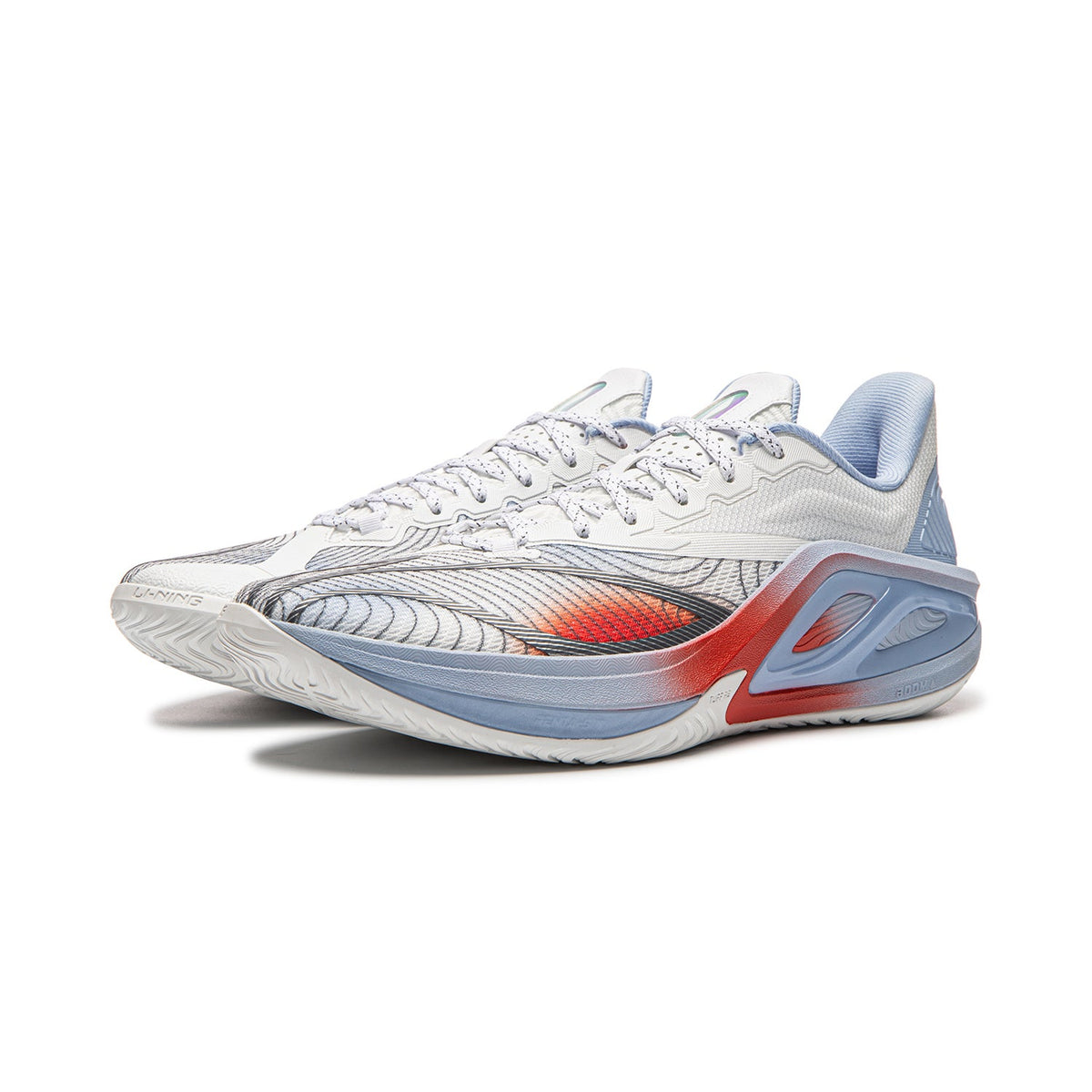 Men's basketball shoe, white upper with light blue heel and red logo panel at side.