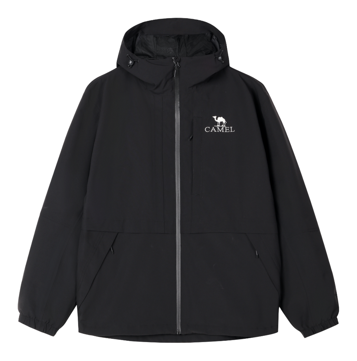 Men's black windbreaker jacket with hood, full-zip front, and chest logo