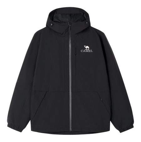 Men's black windbreaker jacket with hood, full-zip front, and chest logo