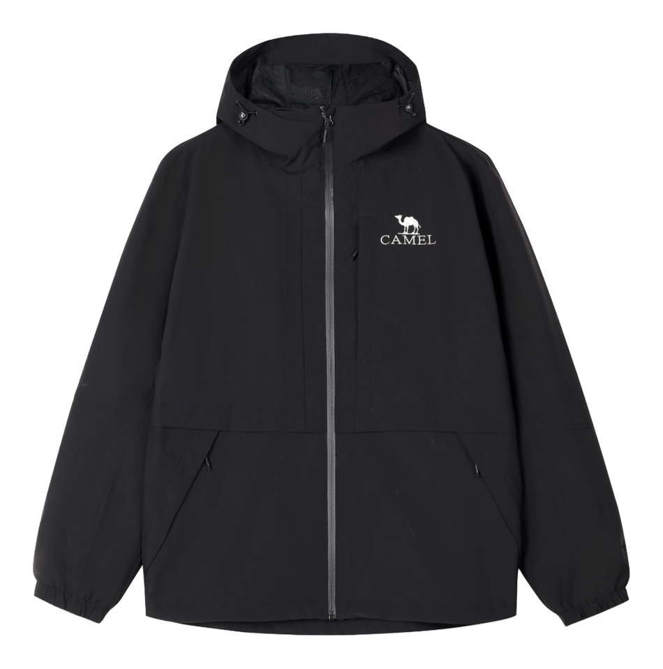 Men's black windbreaker jacket with hood, full-zip front, and chest logo