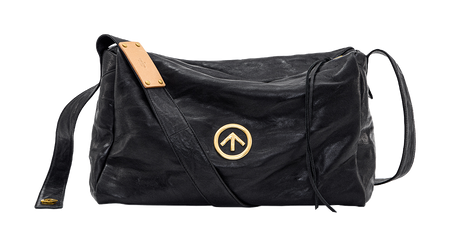 GROTTO black pleated sheepskin crossbody bag with tan label and gold logo badge