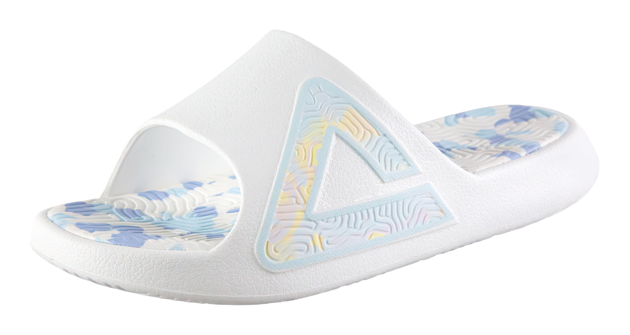 Unisex recovery slides in white with light blue triangular logo and blue camo footbeds