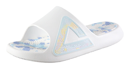 Unisex recovery slides in white with light blue triangular logo and blue camo footbeds