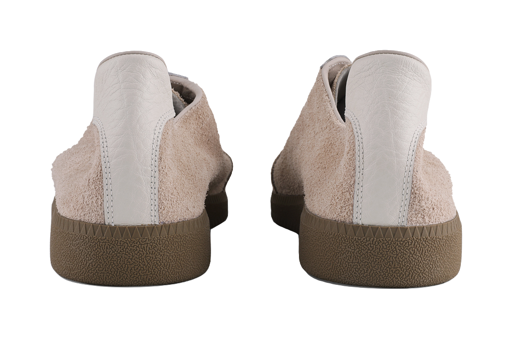 Khaki suede low-top sneakers, rear view, with textured brown heel sole