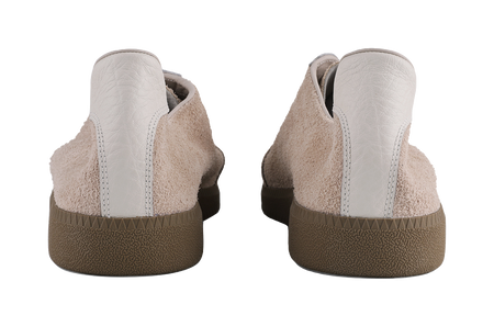 Khaki suede low-top sneakers, rear view, with textured brown heel sole