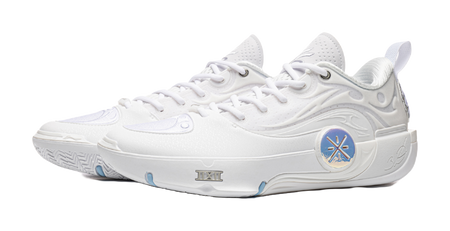 Li-Ning men's white low-top basketball shoe, lace-up with blue circular emblem