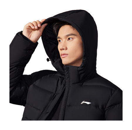 Men's black down puffer jacket with adjustable hood and front zip, logo at chest
