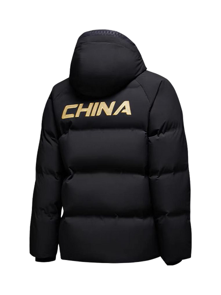 Men's black hooded down jacket, padded back with CHINA print