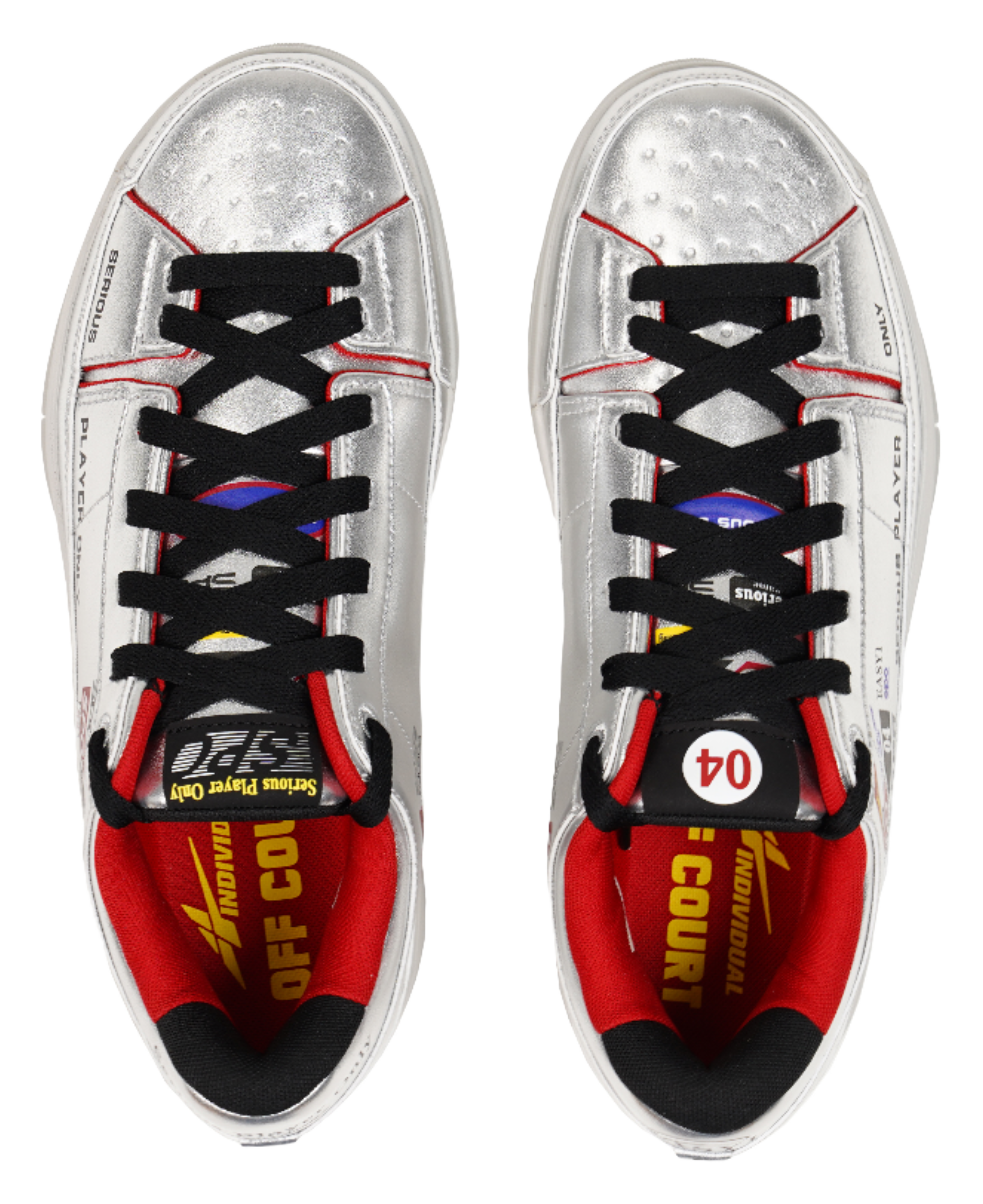 Pair of silver basketball shoes with black laces and red inner lining, top view