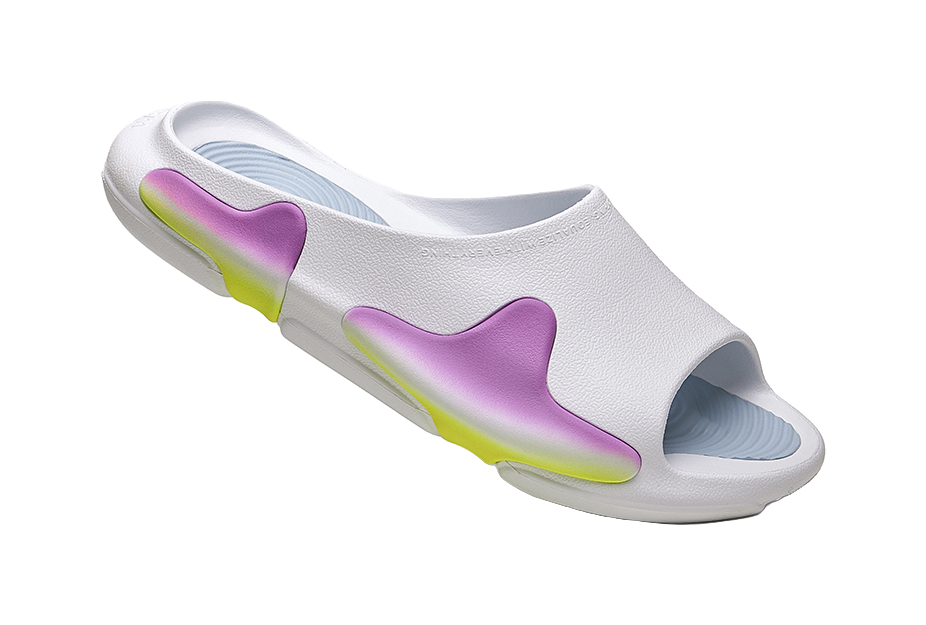 White slide slippers with open toe, purple and yellow accents, cushioned sole.