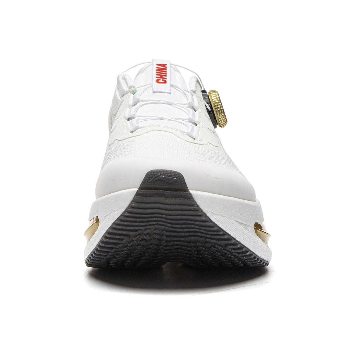 Men's white running shoes, black tread outsole, gold heel accents, “CHINA” tongue label