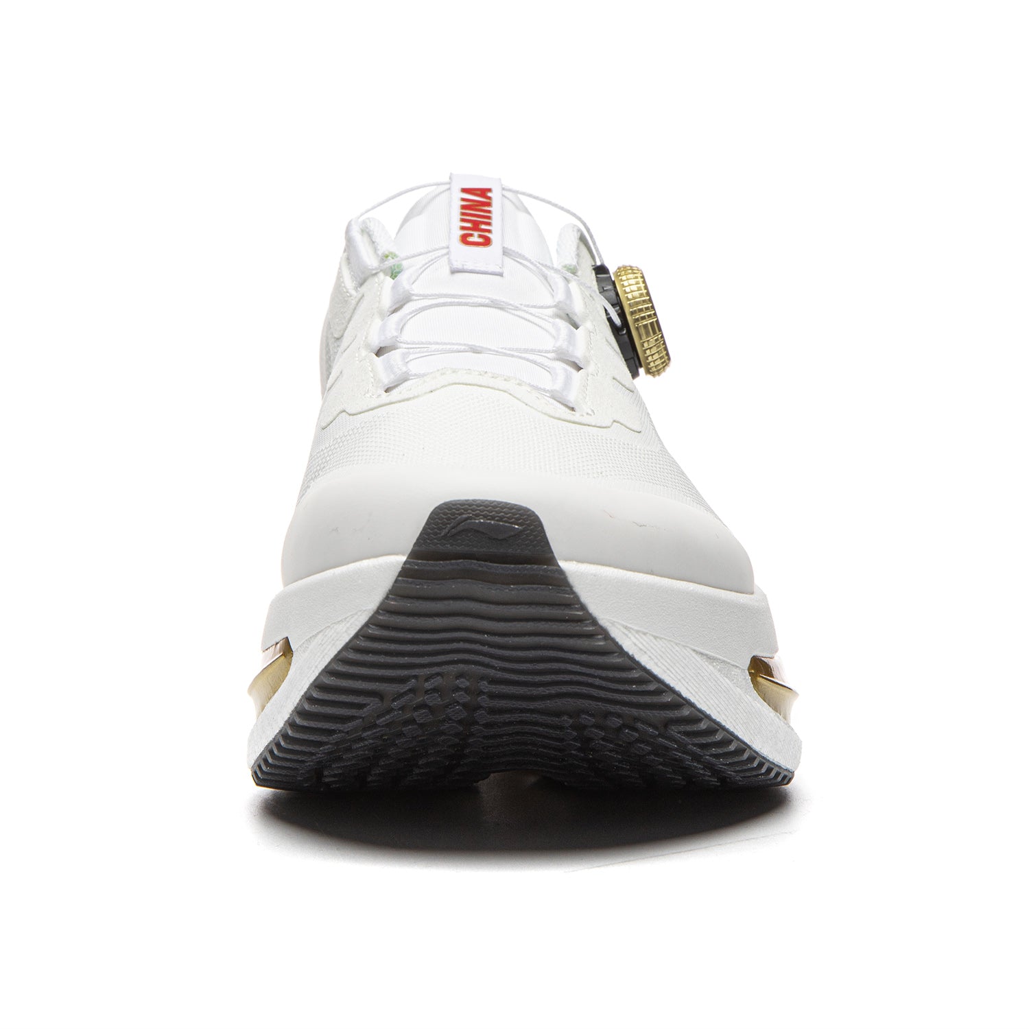 Men's white running shoes, black tread outsole, gold heel accents, “CHINA” tongue label