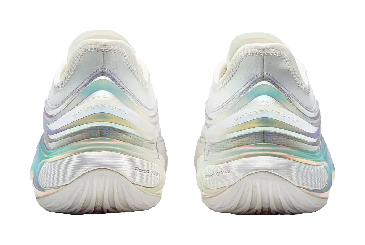 Back view of white basketball shoes with iridescent stripes on midsole and cushioned heel