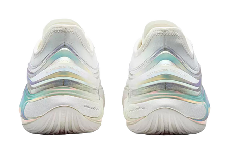 Back view of white basketball shoes with iridescent stripes on midsole and cushioned heel