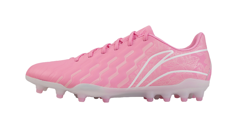 Pink soccer cleat, side view with textured upper detailing and molded stud sole
