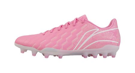 Pink soccer cleat, side view with textured upper detailing and molded stud sole