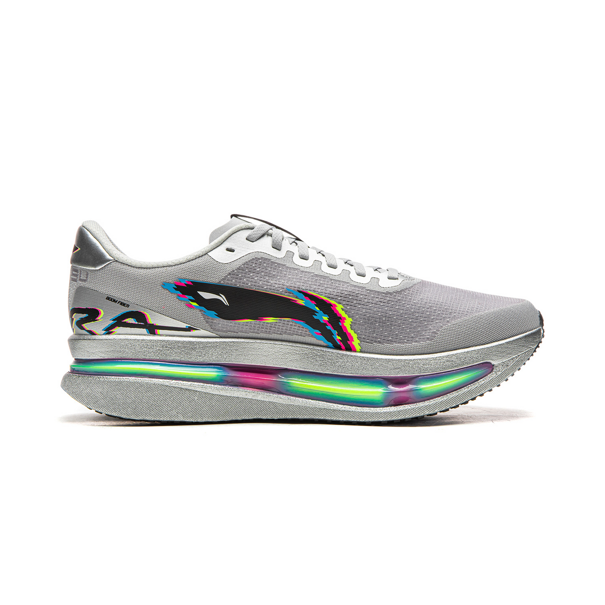 crystal gray running shoes, side view with rainbow midsole and lace-up front